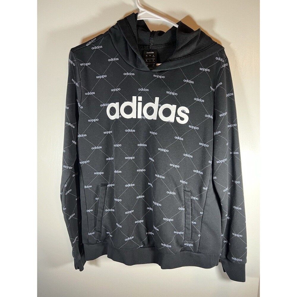 Adidas Sweatshirt Mens LargeHoodie All Over Print Spellout Pockets Black